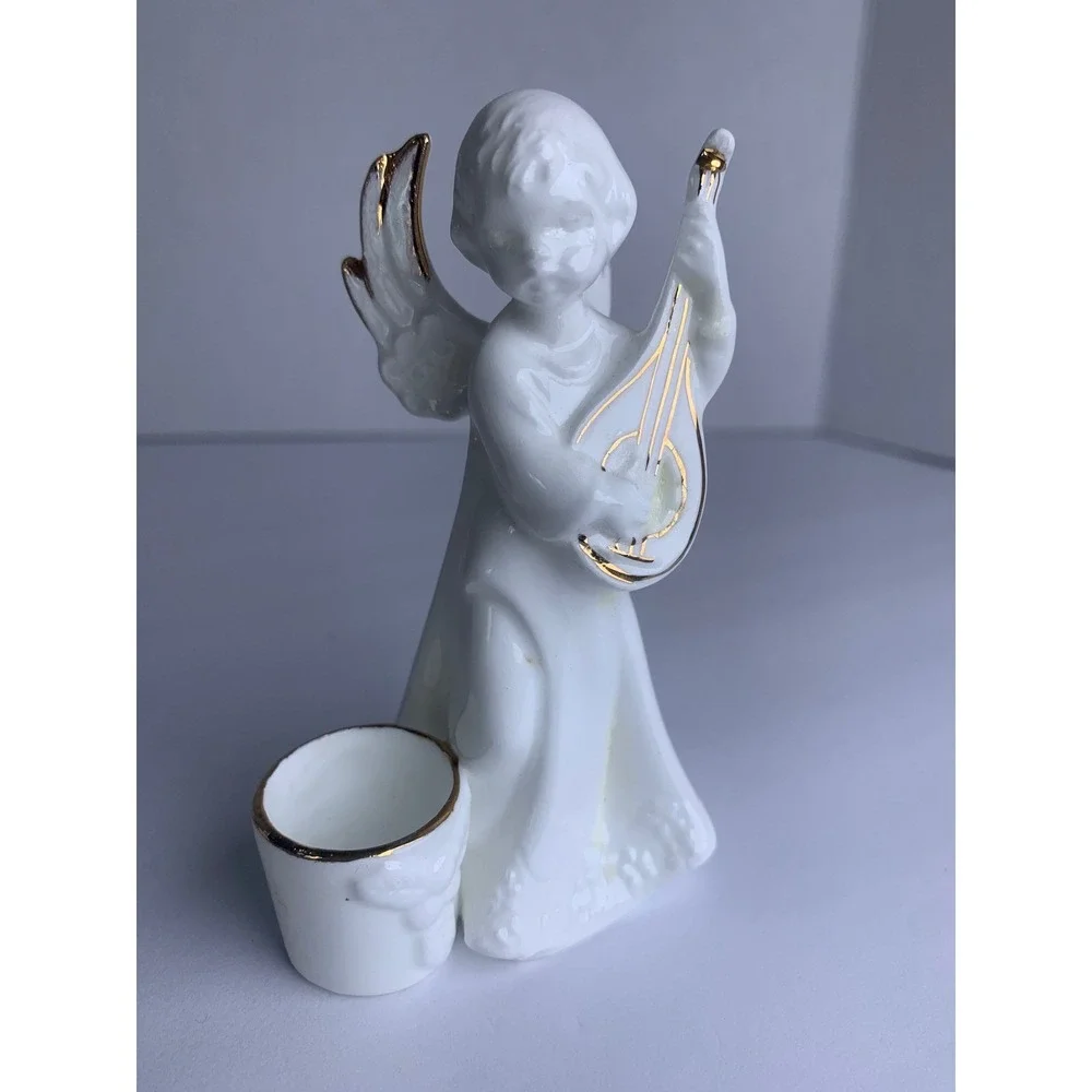 Vintage Bone China Angel‎ Candle Holders Gold Trim Cherub Musicians Set of 2